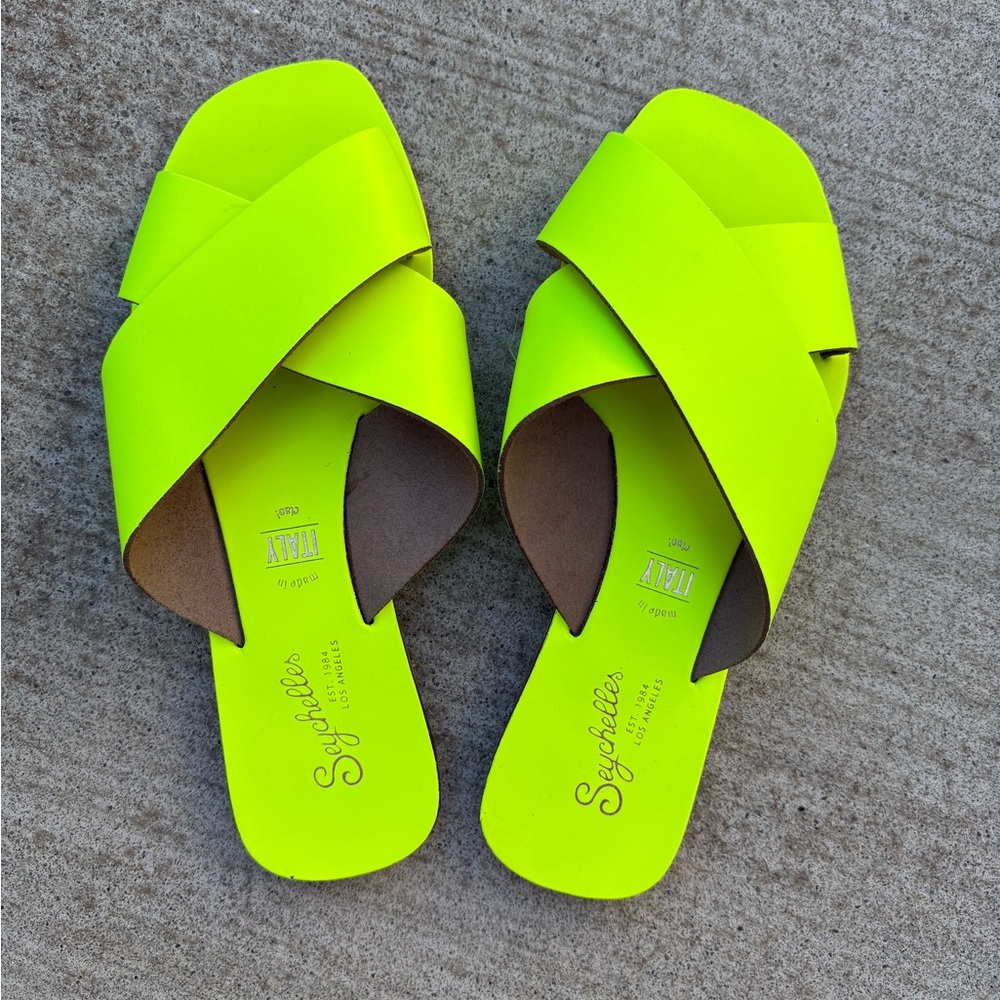 Total Relaxation Neon Yellow Leather Slide Sandals, Seychelles